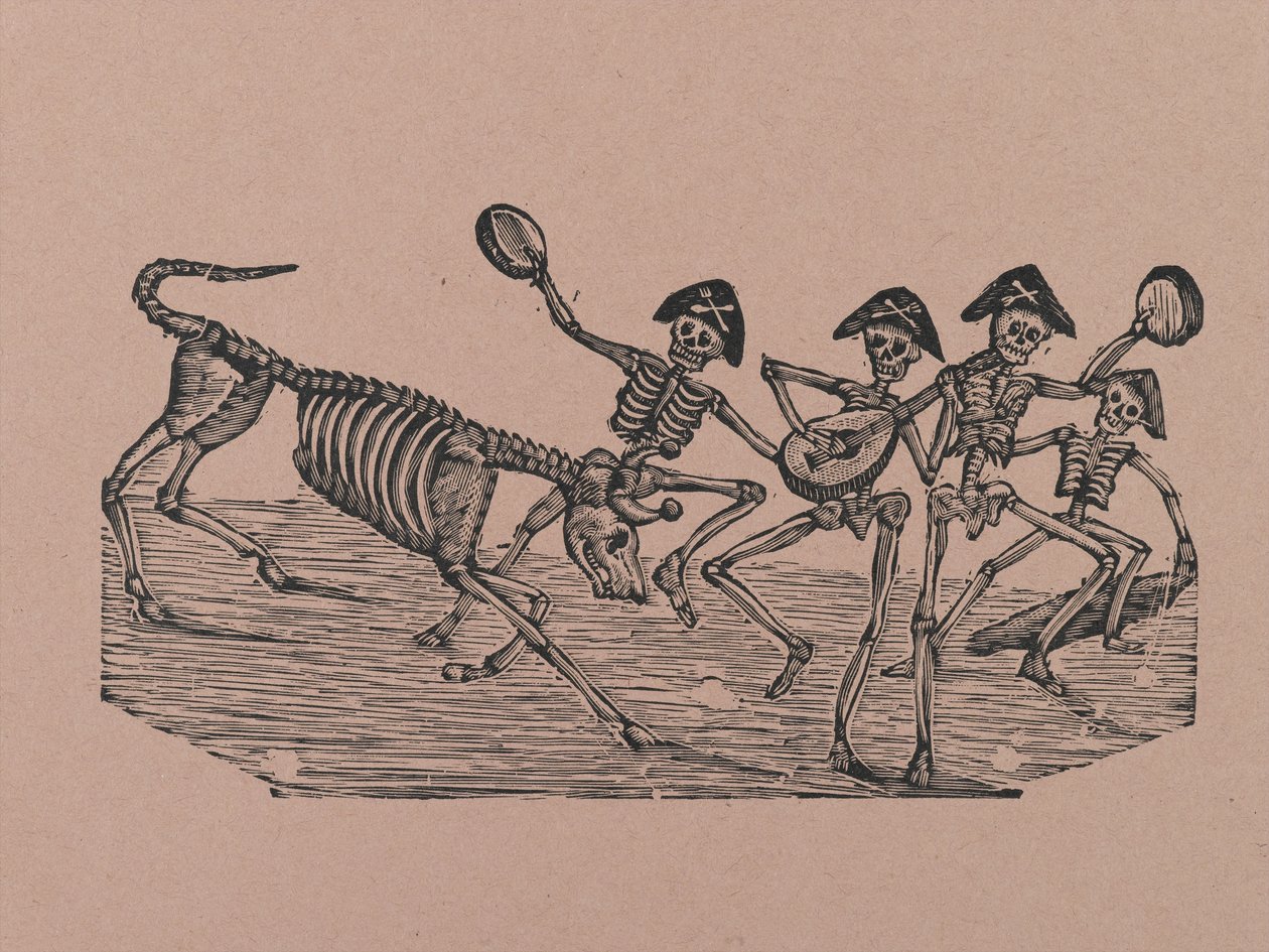 Skeleton Bull Fighters, fra 330 Grabados Originales, trykt af Antonio Vanegas Arroyo (1850-1917), Mexico City, Mexico (reliefstik) af Manuel Manilla