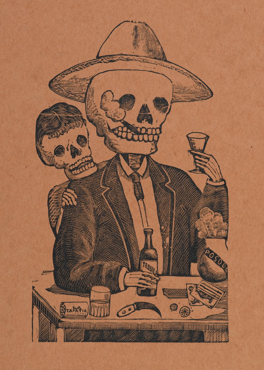 Skeletfigur i en bar, fra 330 Grabados Originales, trykt af Antonio Vanegas Arroyo (1850-1917), Mexico City, Mexico (reliefstik) af Manuel Manilla
