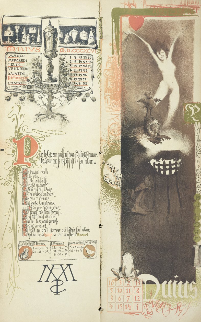 Kærlighedsdrik, maj måned til en magisk kalender udgivet i "Art Nouveau"-oversigten, 1896 af Manuel Orazi