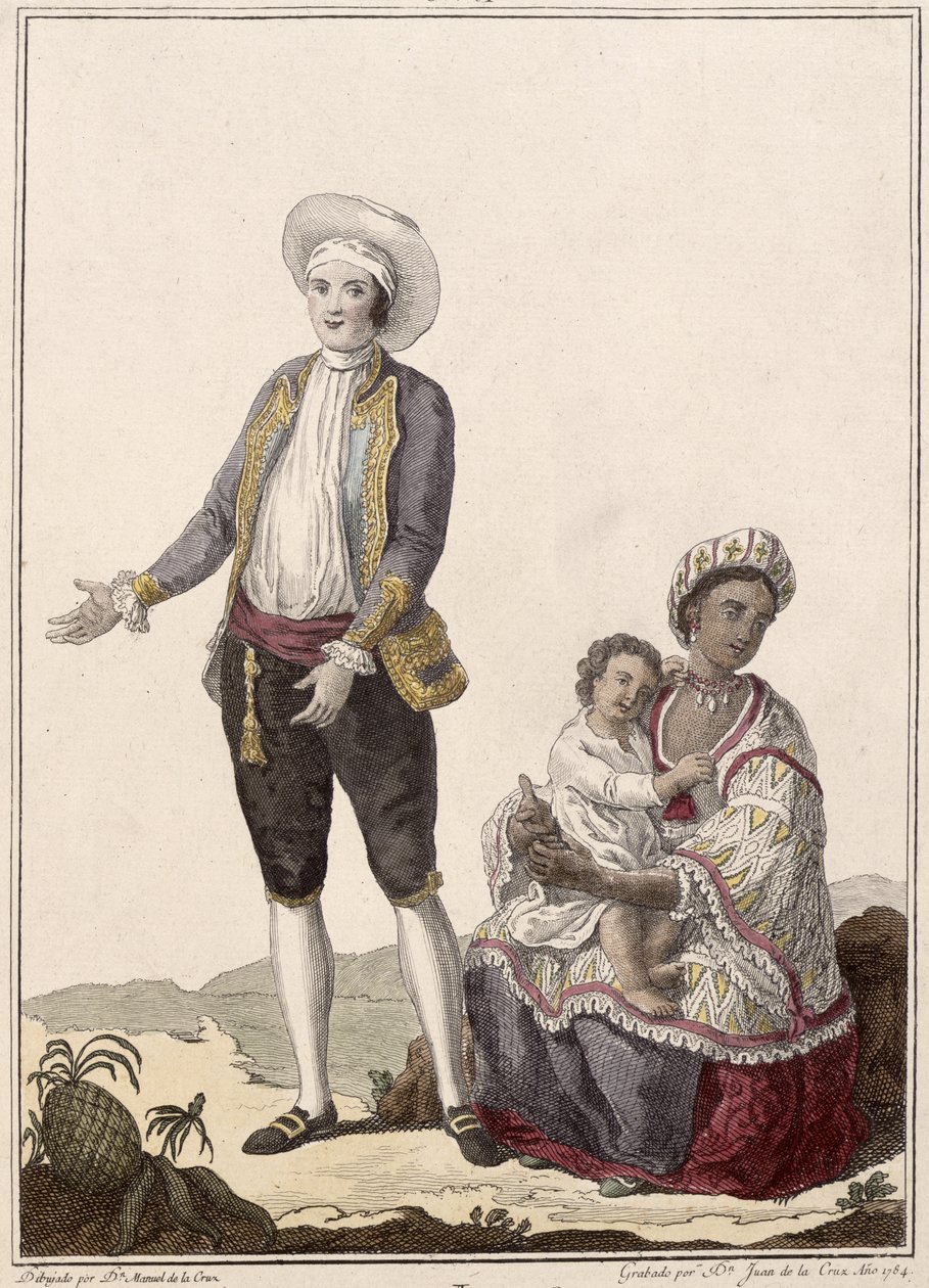 En spanier og hans indiske kone, graveret af Juan de la Cruz, 1784 farvet gravering af Manuel de la Cruz y Cano