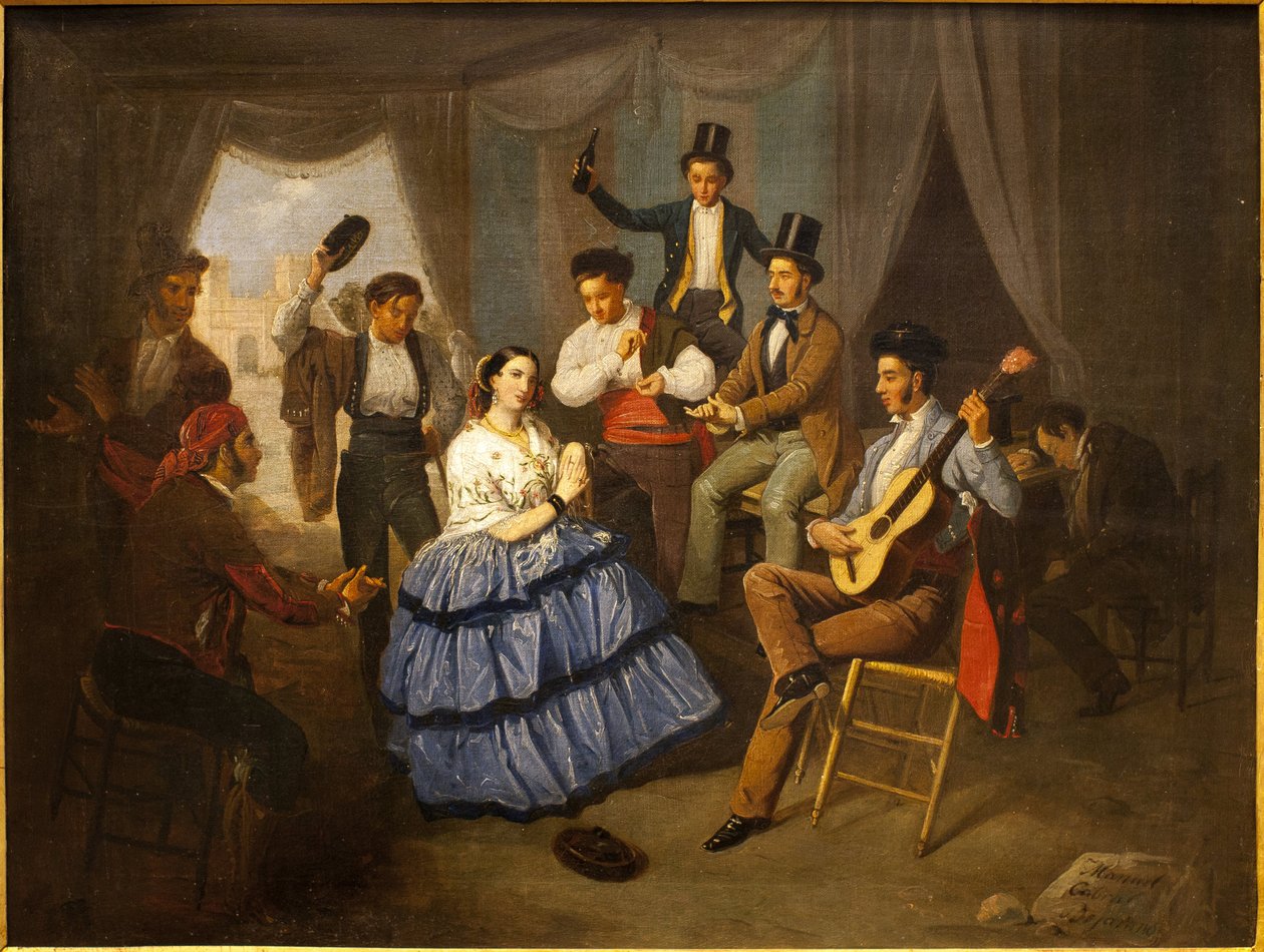 Danser i et karnevalshus. Maleri af Manuel Cabral Bejarano (1827-1891), olie på lærred af Manuel Cabral y Aguado Bejarano