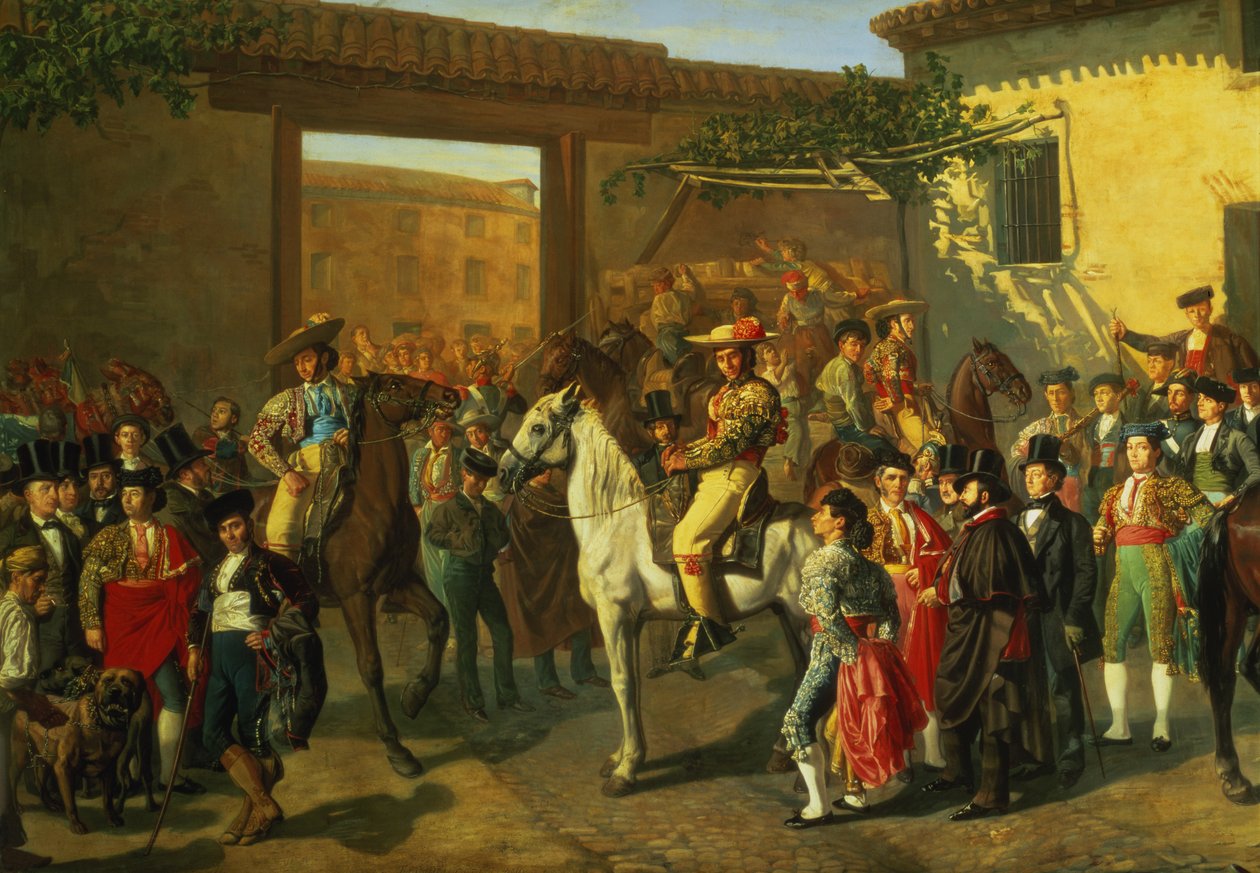 Heste i en gårdhave ved tyrefægterarenaen før tyrefægtningen, Madrid, 1853 (detaljer) af Manuel Castellano