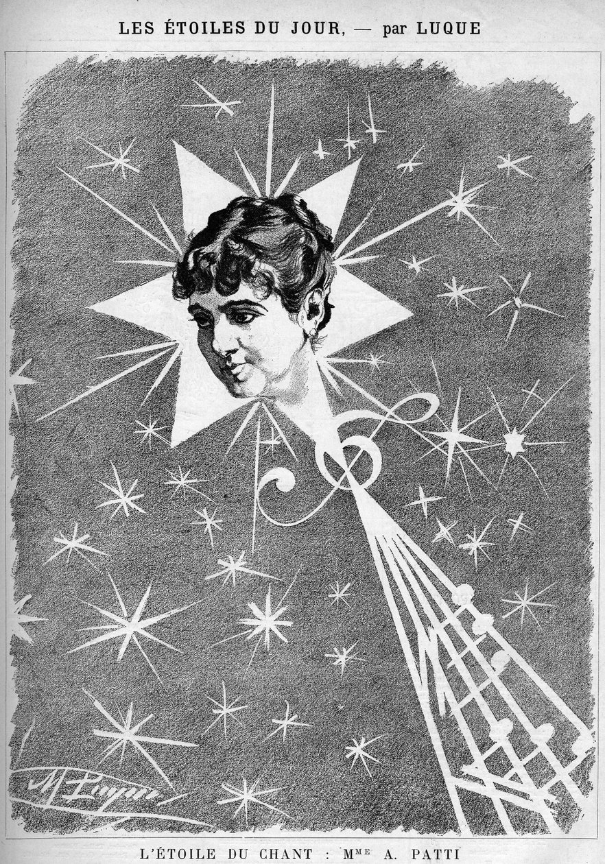 Adelina Patti (1843-1919), italiensk sangerinde. "Sangens stjerne", tegneserie af tegneren Manuel Luque. I "Tegnefilmen" fra 1886. af Manuel Luque