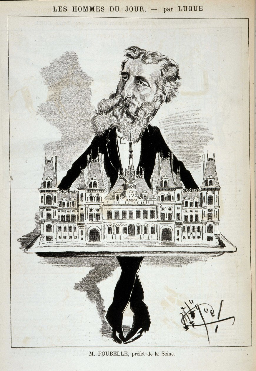 Tegneserie af M. Poubelle, præfekt for Seinen, der bærer rådhuset i Paris på et plateau - Dess. af Luque, i "La Caricature"" af 13/08/1887¿ af Manuel Luque