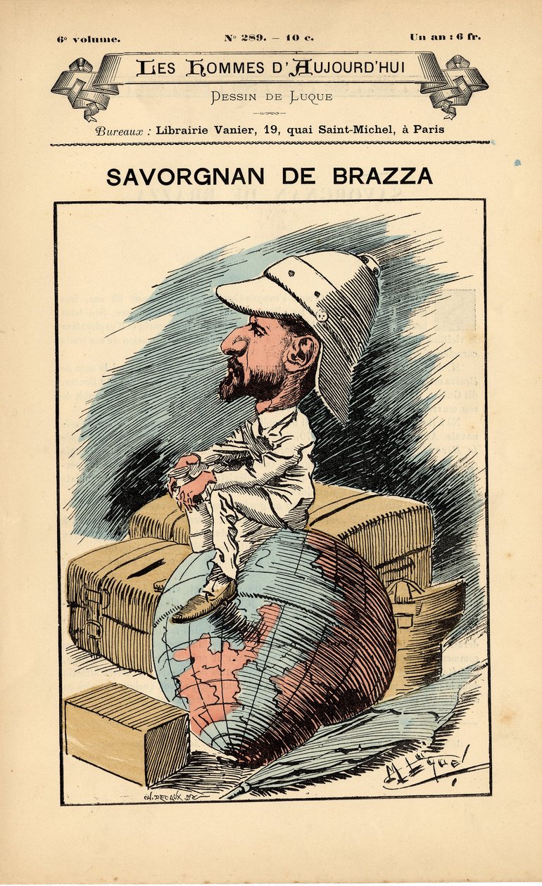 Forside til The People of Today, nummer 289, illustration af Manuel Luque (1854-1919): Colonization Colonialism Colonies - Explorer, Pierre Savorgnan de Brazza (1852-1905) - Jorden af Manuel Luque