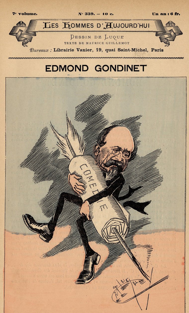 Forside til The Men of Today, nummer 339, illustration af Manuel Luque (1854-1919): Teater - Gondinet Edmond (1828-1888) af Manuel Luque