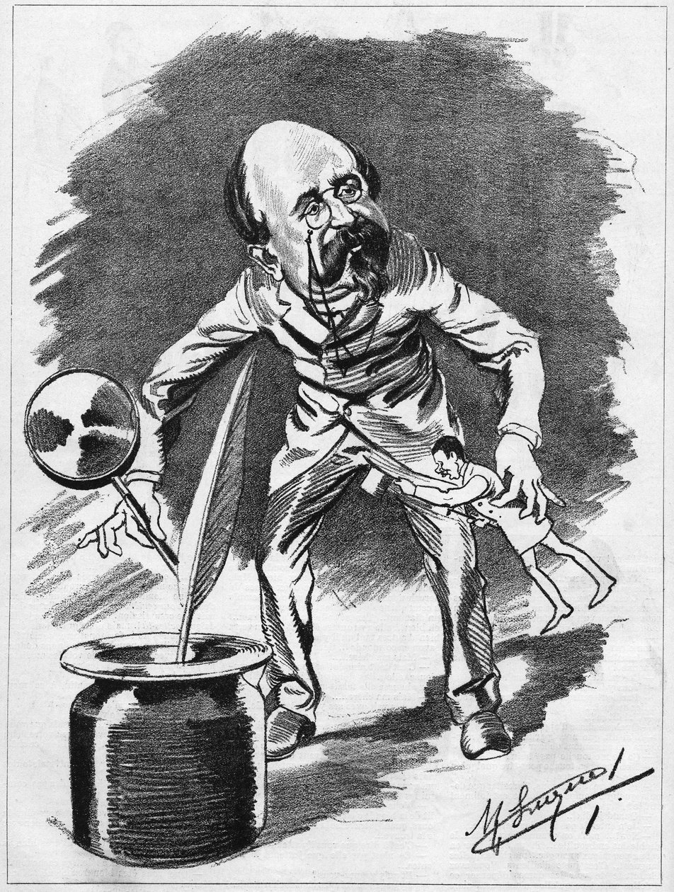 Edmond Gondinet (1828-1888) fransk dramatiker. Tegneserie af tegneren Manuel Luque. I "Tegnefilmen" fra 1886. af Manuel Luque