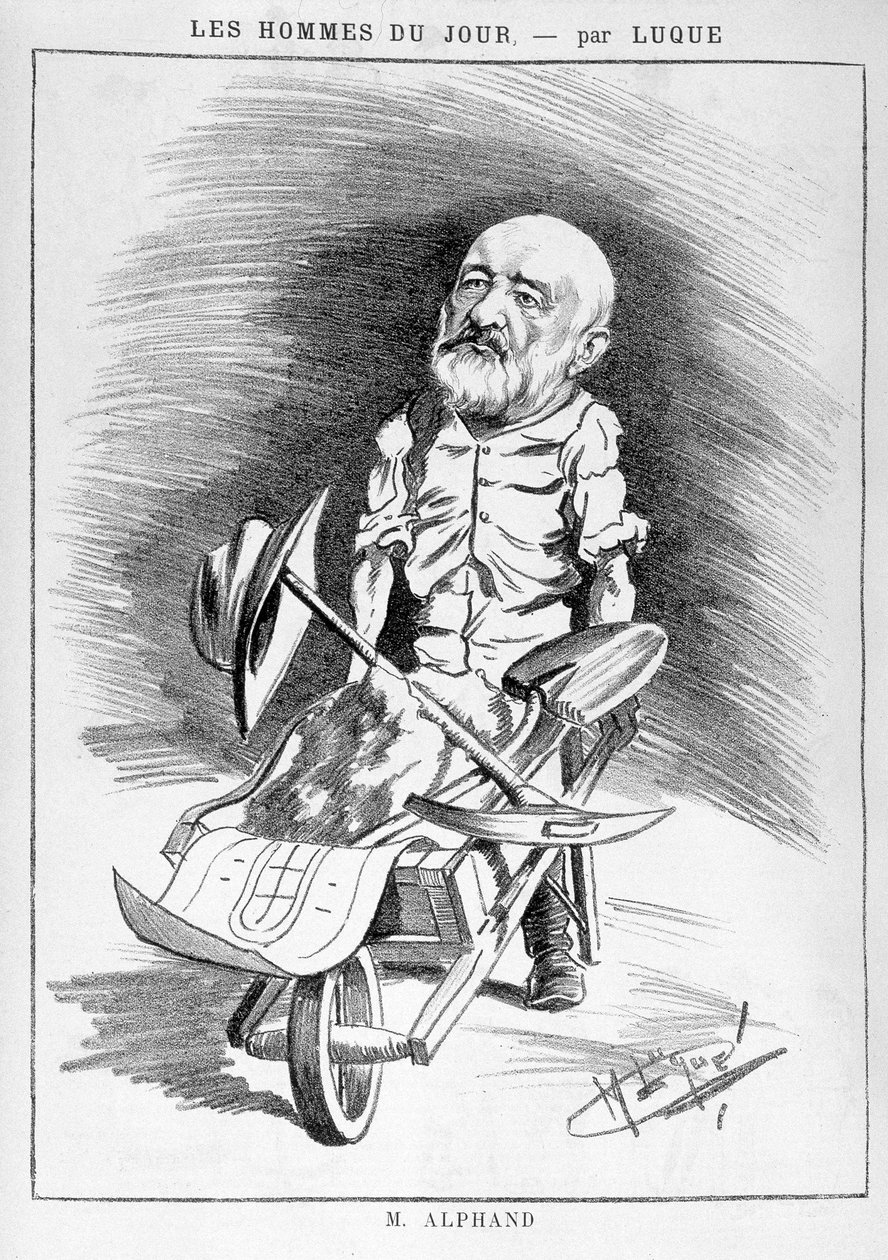 Transformations of Paris under the Second Empire, Haussmann Paris: Humoristisk tegning, der forestiller Jean Charles Adolphe Alphand (1817-1891), ingeniør. Han deltog i renoveringen af Paris ledet af baron Haussmann mellem 1852 og 1870. Indgravering i "Les af Manuel Luque