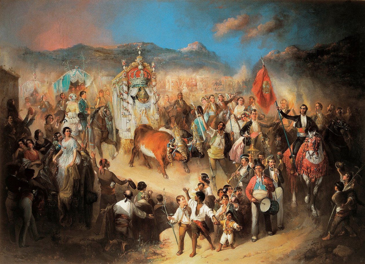 Processionen af ​​El Rocio: Traditionel andalusisk fejring til ære for Jomfruen. Maleri af Manuel Rodriguez de Guzman (1818-1867). 1850-1900 Segovia. Riofrio Palace. af Manuel Rodriguez de Guzman