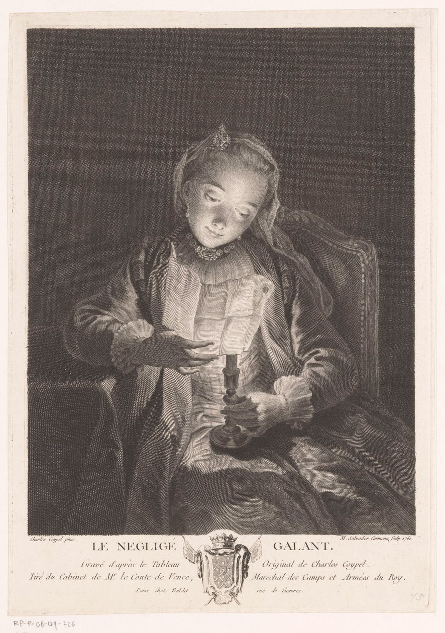 Pige læser et brev ved levende lys Le neglige galant (titel på objekt) af Manuel Salvador Carmona