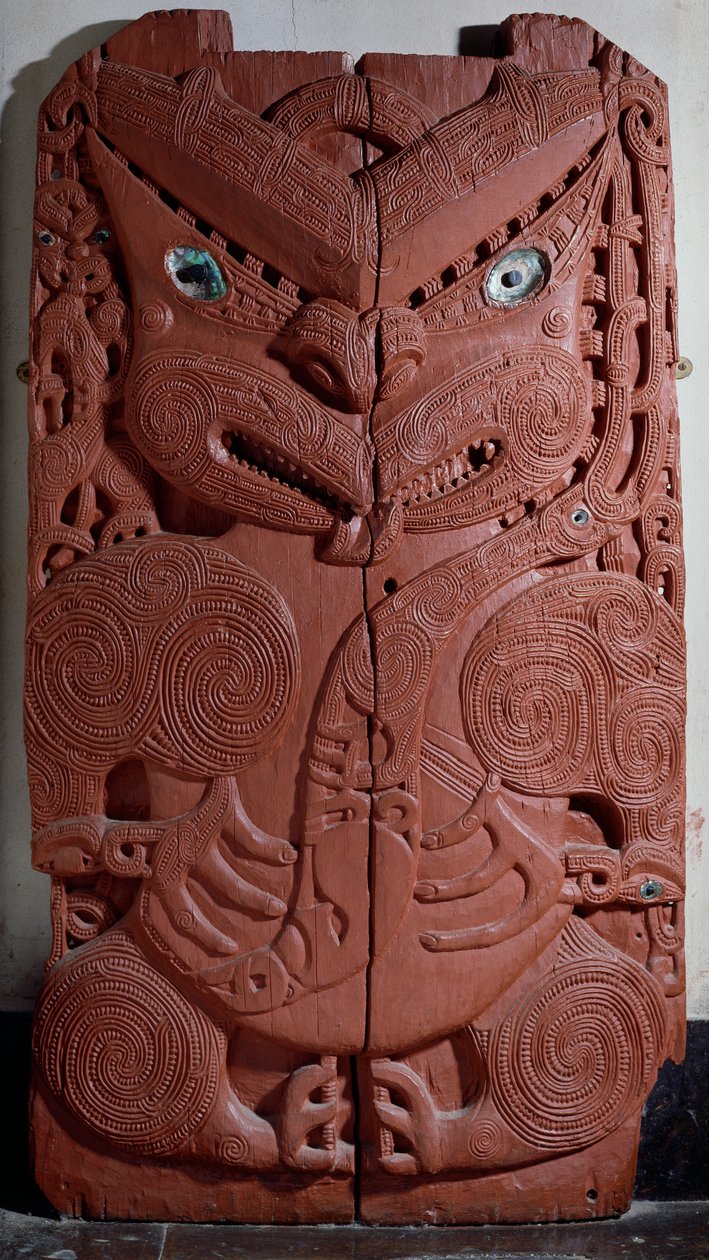 Maori dekorativt panel med imaginær antropomorf figur, New Zealand civilisation af Maori Maori