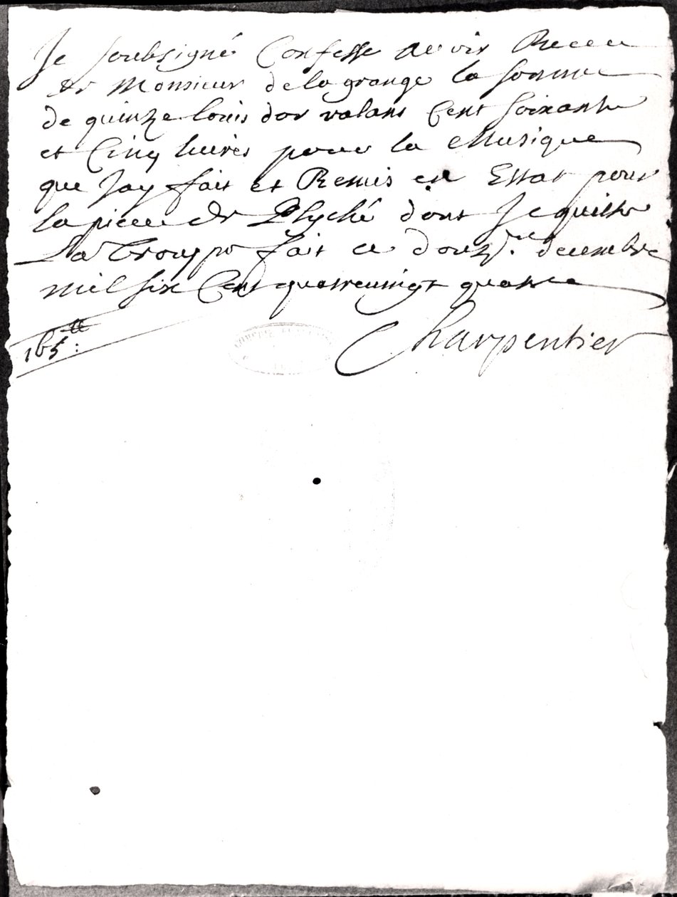 Brev vedrørende musikken komponeret af Charpentier for Psyche af Moliere (1622-73) 1684 (bw foto) af Marc Antoine Charpentier