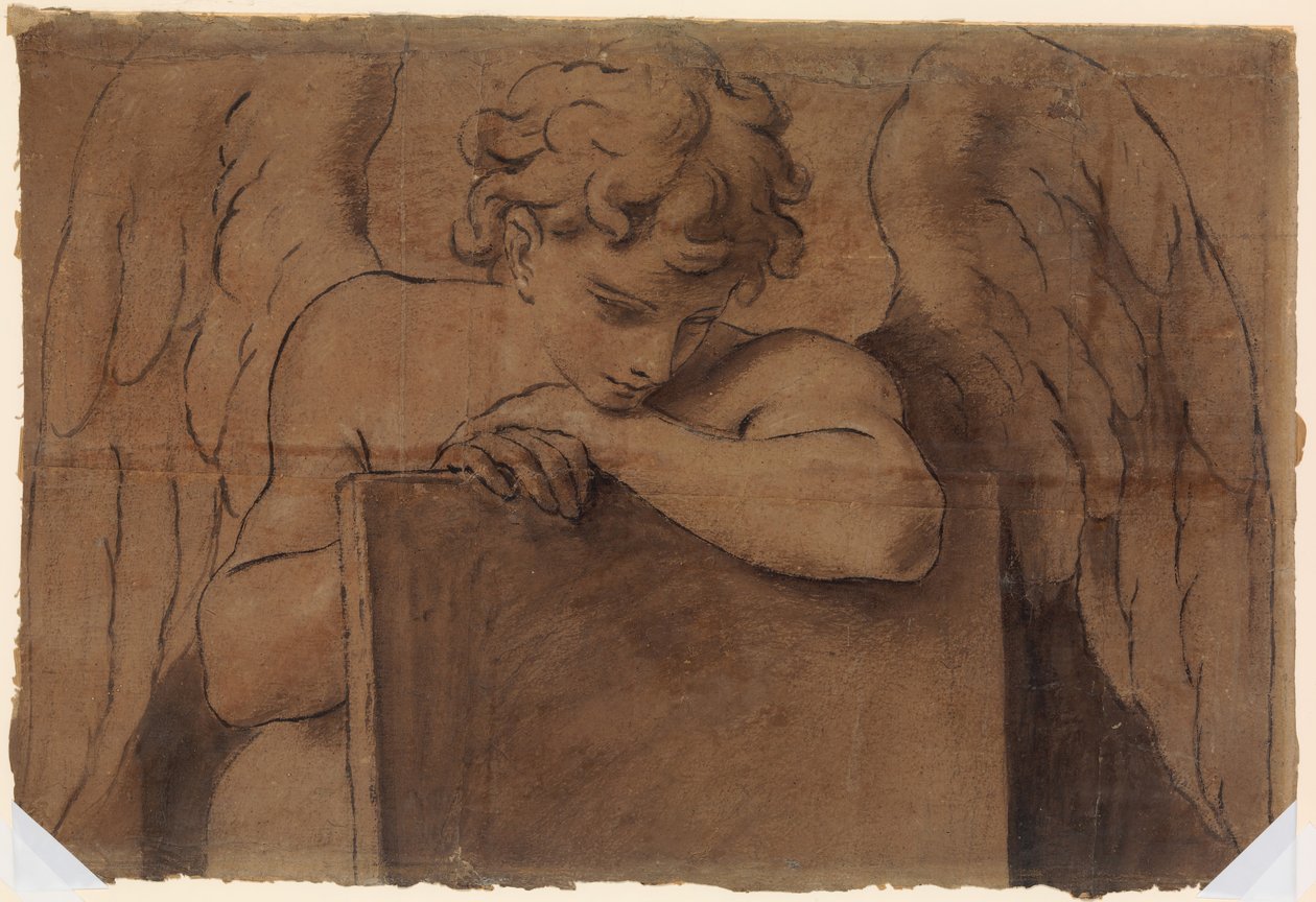 Tegneseriefragment til en engel, der læner sig op på en tablet eller en lukket bog, ca. 1690-95. af Marc Antonio Franceschini