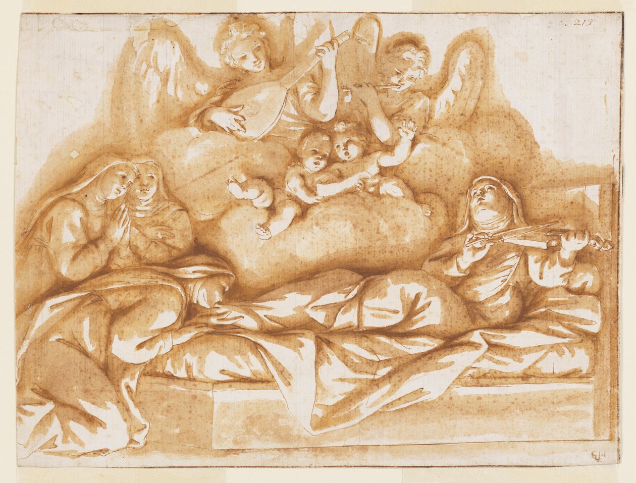 Design til et monokromt vægmaleri, Corpus Domini-kirken, Bologna, Italien, St. Caterina Vigris død af Marc Antonio Franceschini