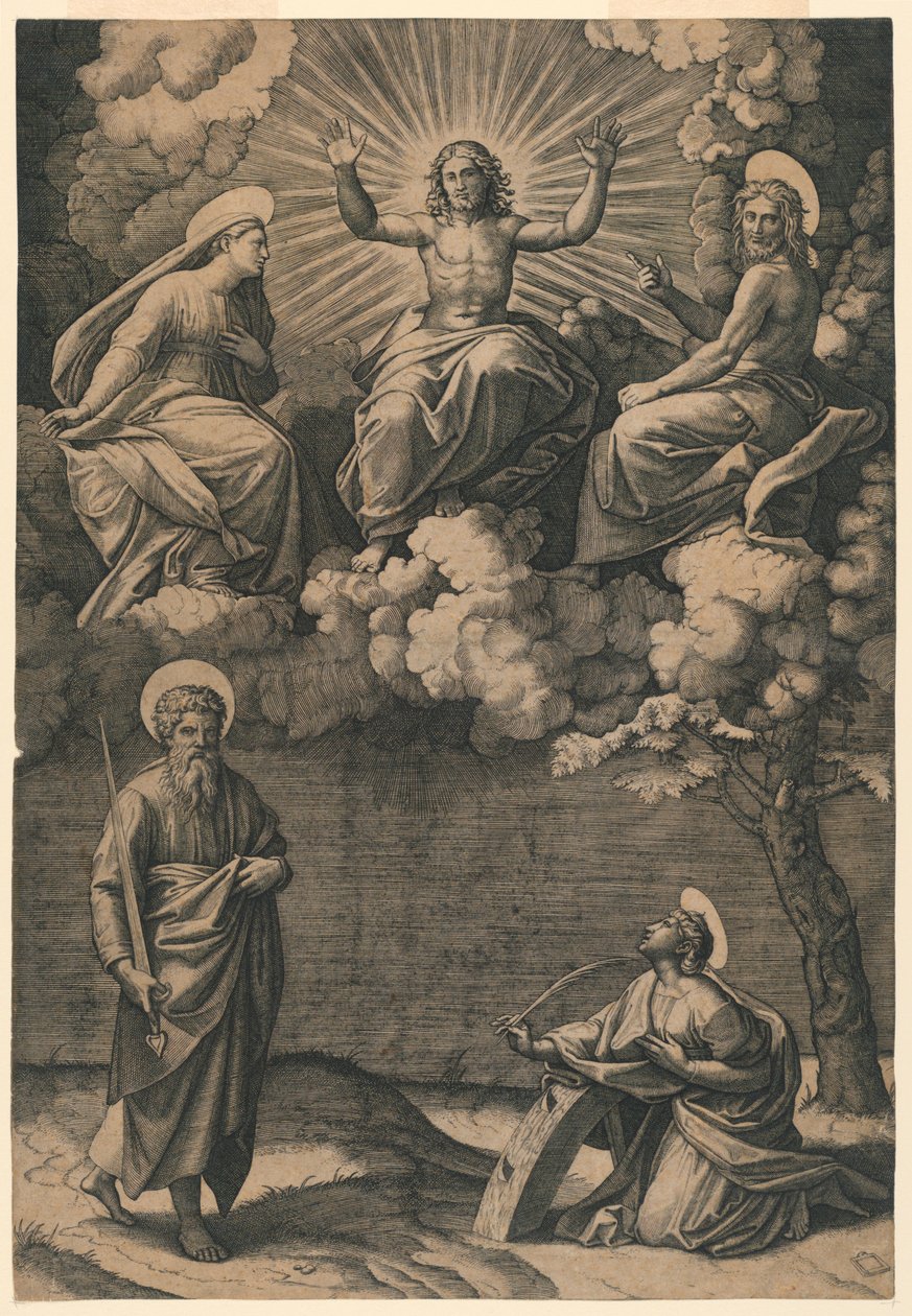 Jesus Kristus, Jomfruen og Johannes Døberen med de hellige Paulus og Katarina af Marc Antonio Raimondi