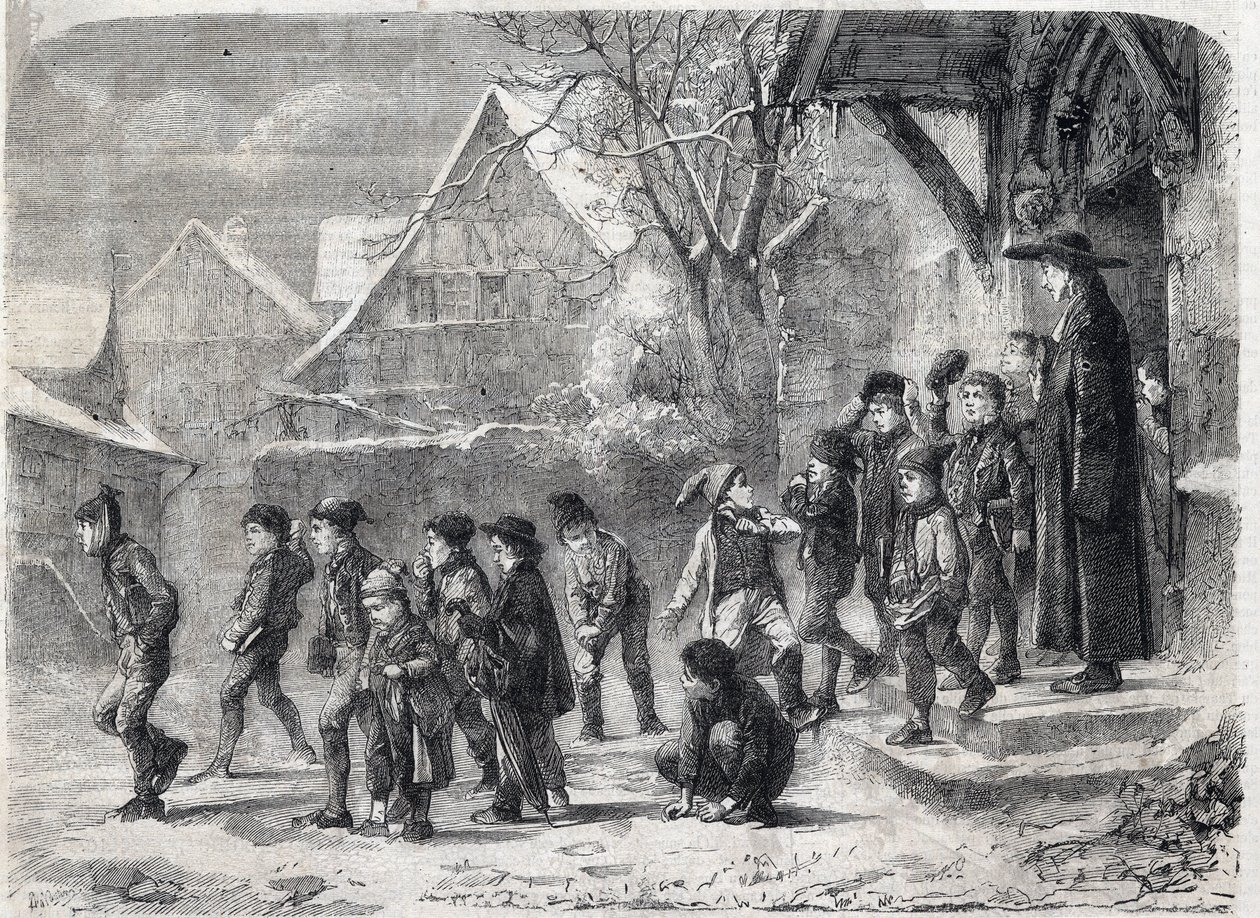 Ude af skolen om vinteren. Gravering efter et maleri af M. B. Vautier i "The Universe Illustrous" af Marc Louis Benjamin (after) Vautier