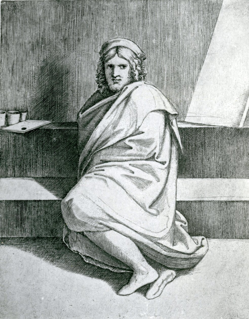 Rafael i en kappe, ca. 1520 af Marcantonio Raimondi
