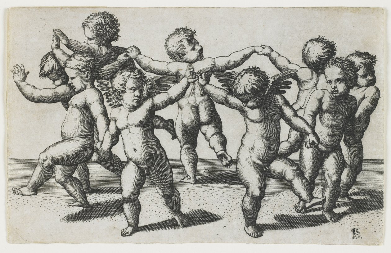 To amoriner, der leder børn i en dans, ca. 1517-1520 af Marcantonio Raimondi