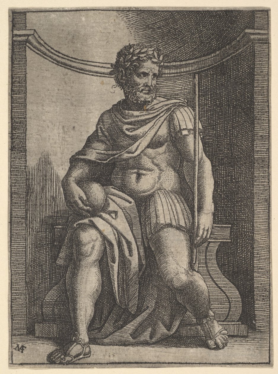 En romersk kejser, der sidder i en niche med en globus og scepter og kigger på sin..., ca. 1500-1534. af Marcantonio Raimondi