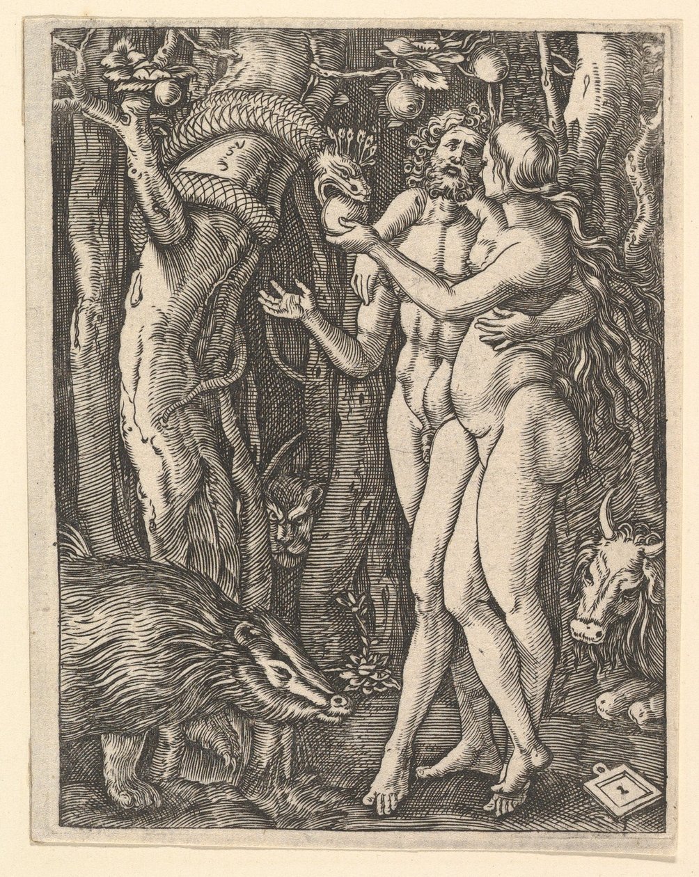 Adam og Eva med æble og slange, ca. 1500-1534. af Marcantonio Raimondi
