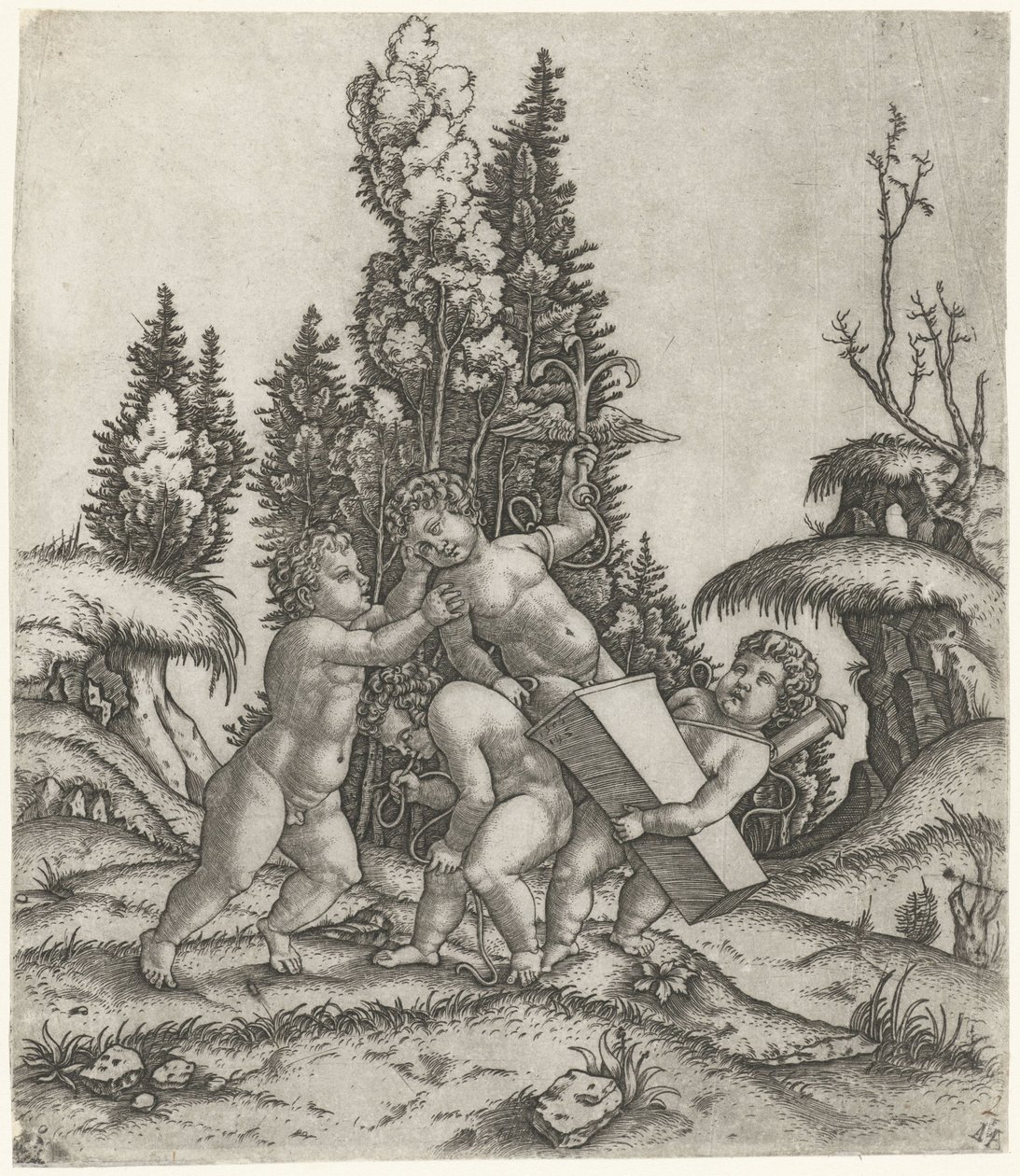 Amor og to putti eller børn bærer en statue af en putti med et bevinget anker på en piedestal af Marcantonio Raimondi