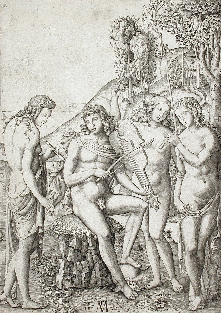 Apollon underviser gratierne i musik af Marcantonio Raimondi