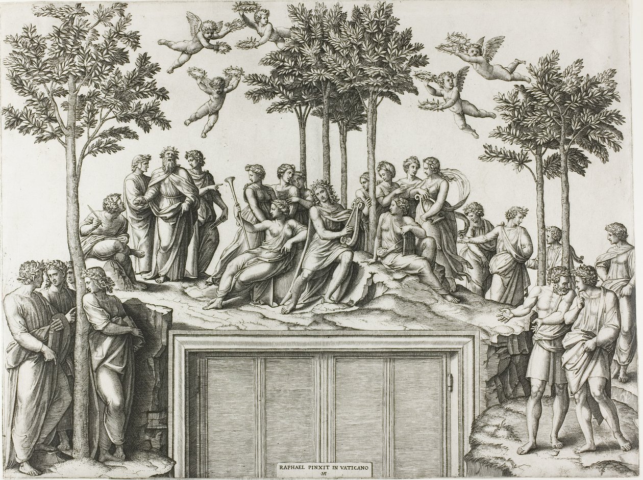 Apollon på Parnassus, omgivet af muserne og digterne af Marcantonio Raimondi