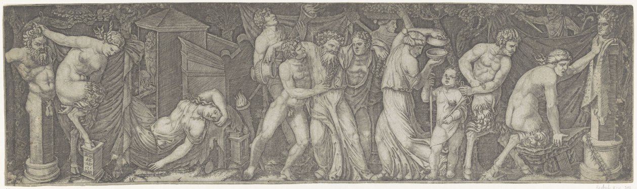 Bacchanal med beruset Bacchus og satyrer og maenads af Marcantonio Raimondi