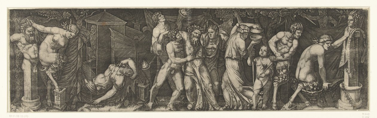 Bacchanal med en beruset Bacchus og Satyrer og Maenads af Marcantonio Raimondi