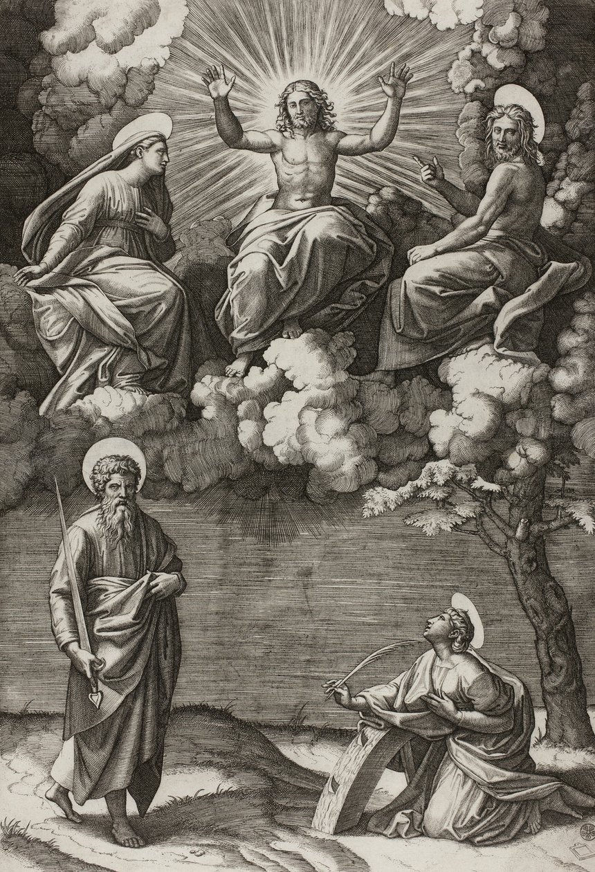 Kristus, Jomfruen og Johannes Døberen med de hellige Paul og Catherine af Marcantonio Raimondi