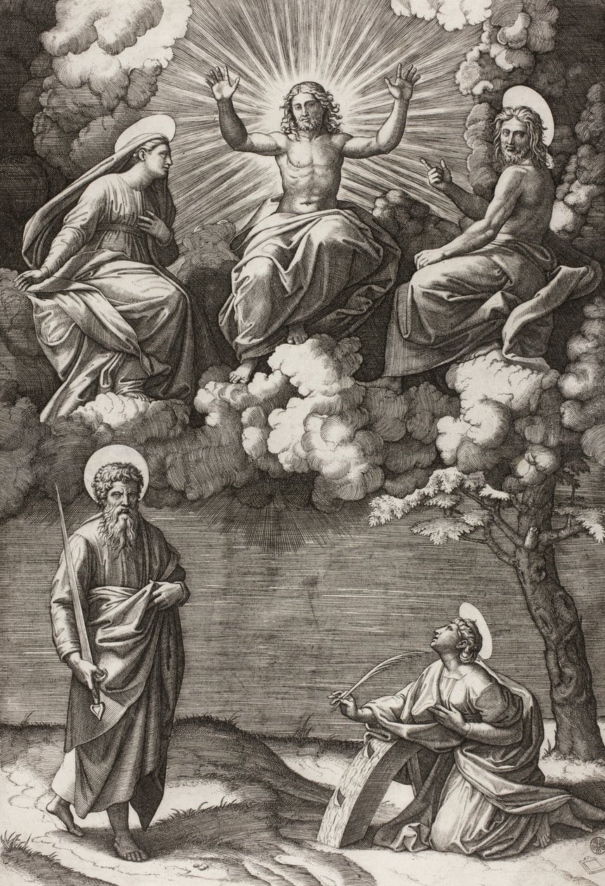 Kristus, Jomfruen og Johannes Døberen med de hellige Paulus og Katarina, 1520-25 af Marcantonio Raimondi