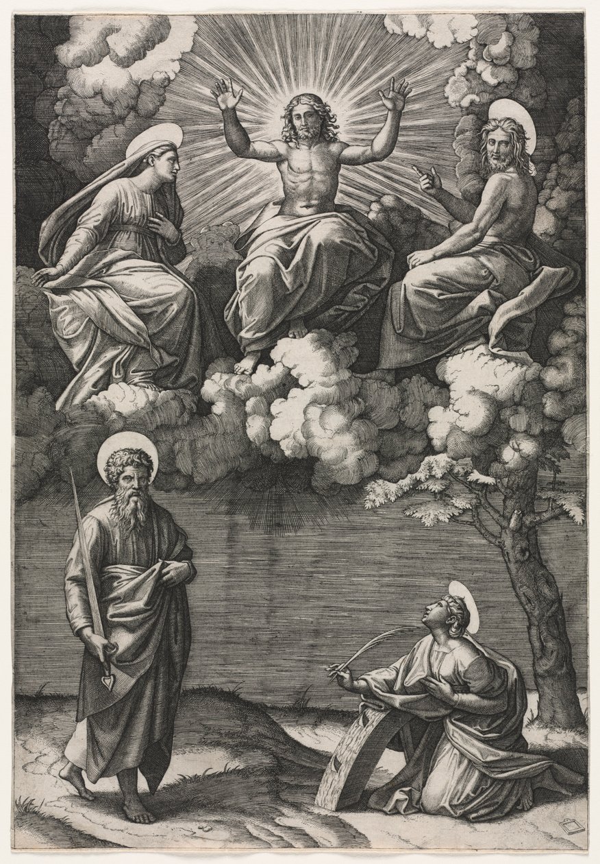 Kristus, Jomfruen og Johannes Døberen med de hellige Paul og Catherine, ca. 1520-1525. af Marcantonio Raimondi