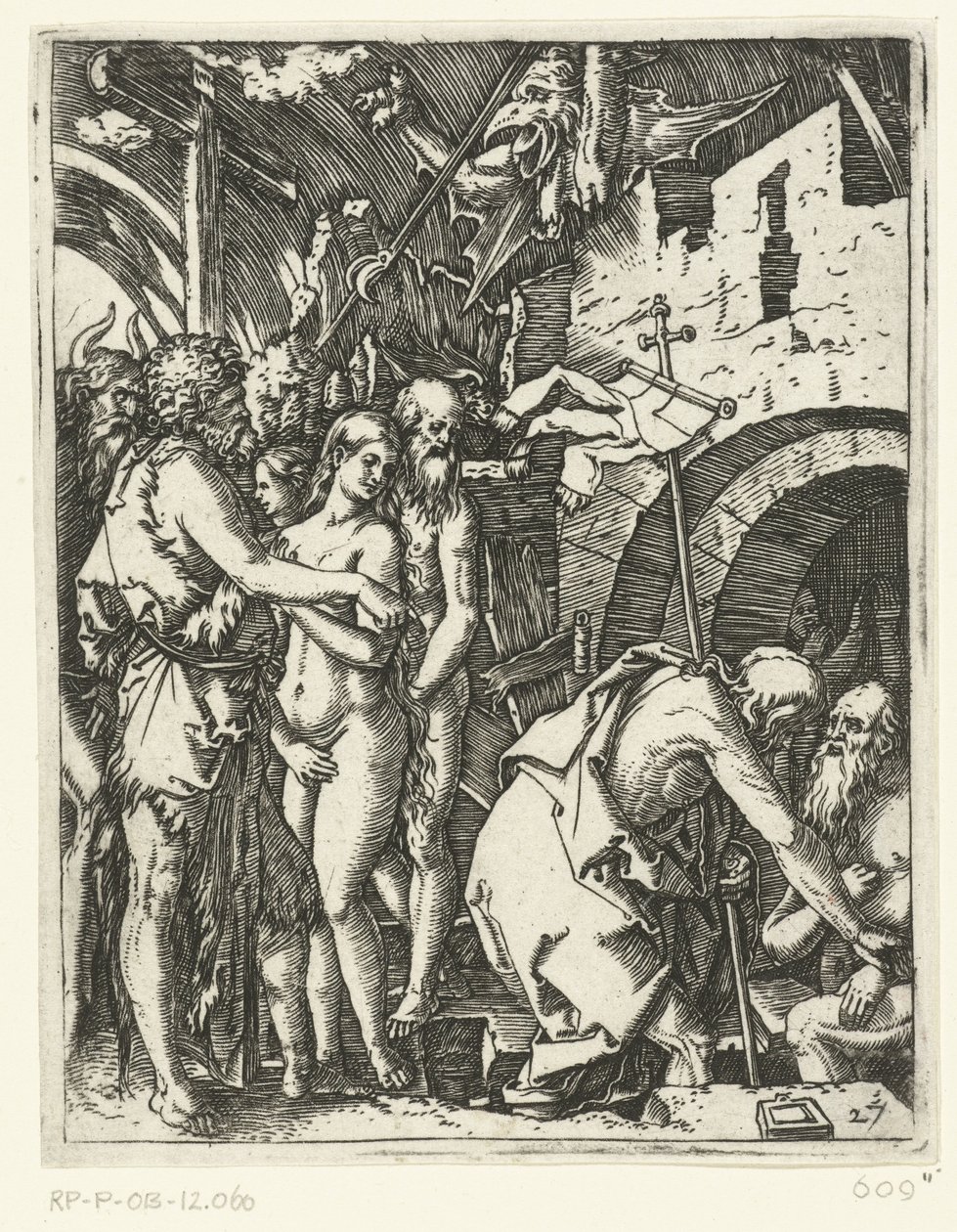 Kristus forlader helvede og befrier patriarker og profeter og andre Passion of Christ (serietitel) af Marcantonio Raimondi