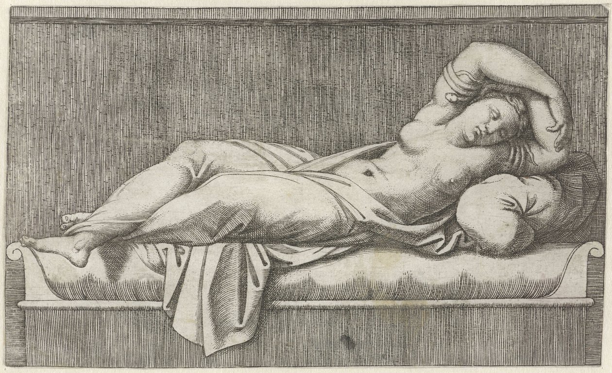 Cleopatra halvnøgen liggende på sengen af Marcantonio Raimondi
