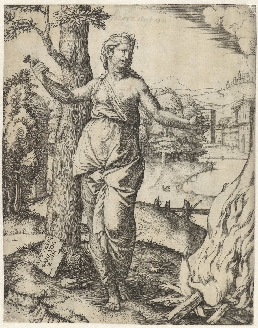 Dido dræber sig selv med en dolk ved siden af ​​bålet af Marcantonio Raimondi