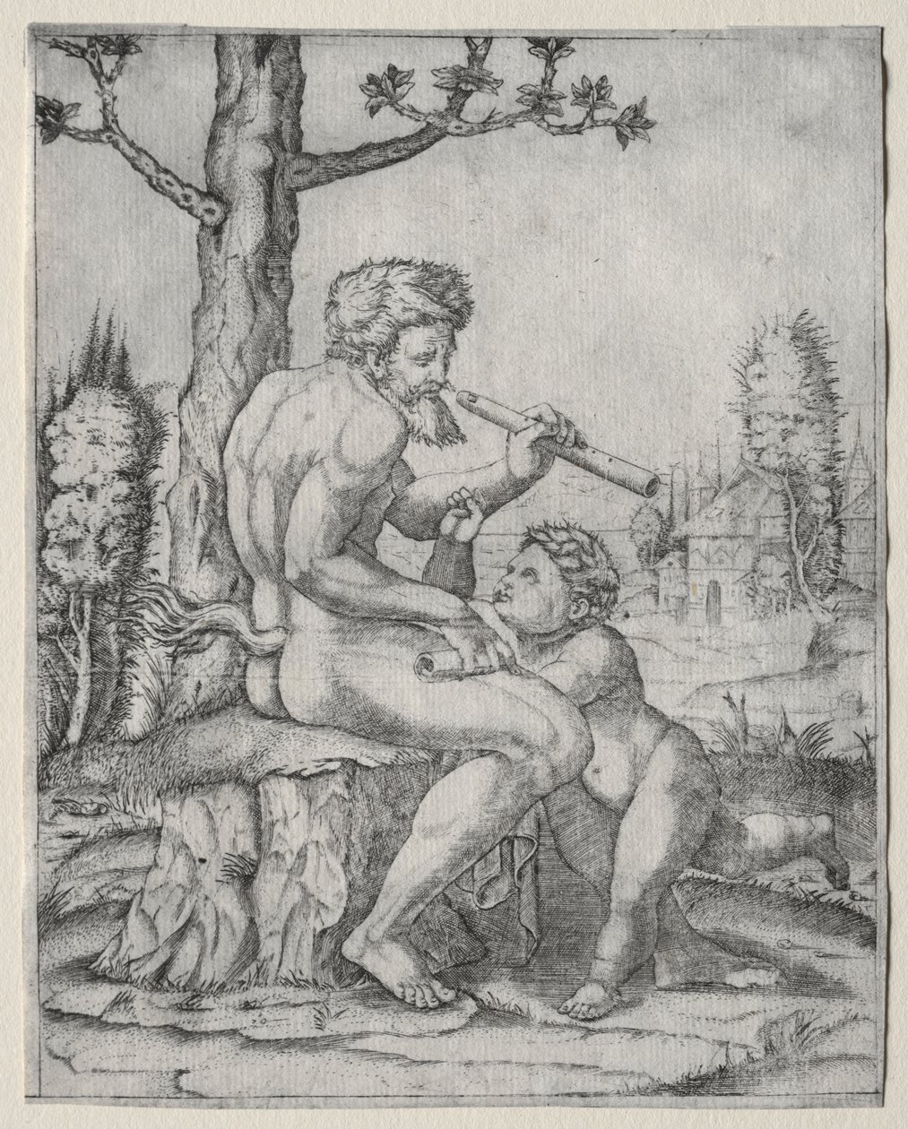 Faun og barn af Marcantonio Raimondi