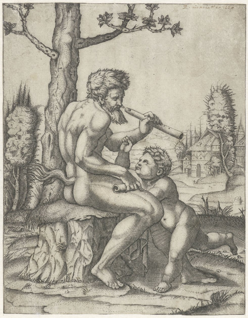 Faun med fløjte spiller med barn af Marcantonio Raimondi