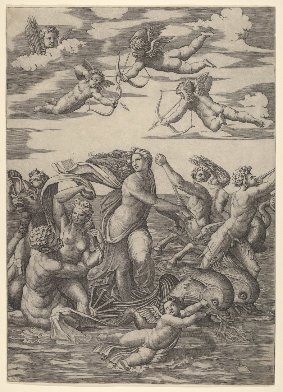 Galatea stående i en vandvogn trukket af to delfiner, omgivet af tritoner, nere..., 1515-16. af Marcantonio Raimondi