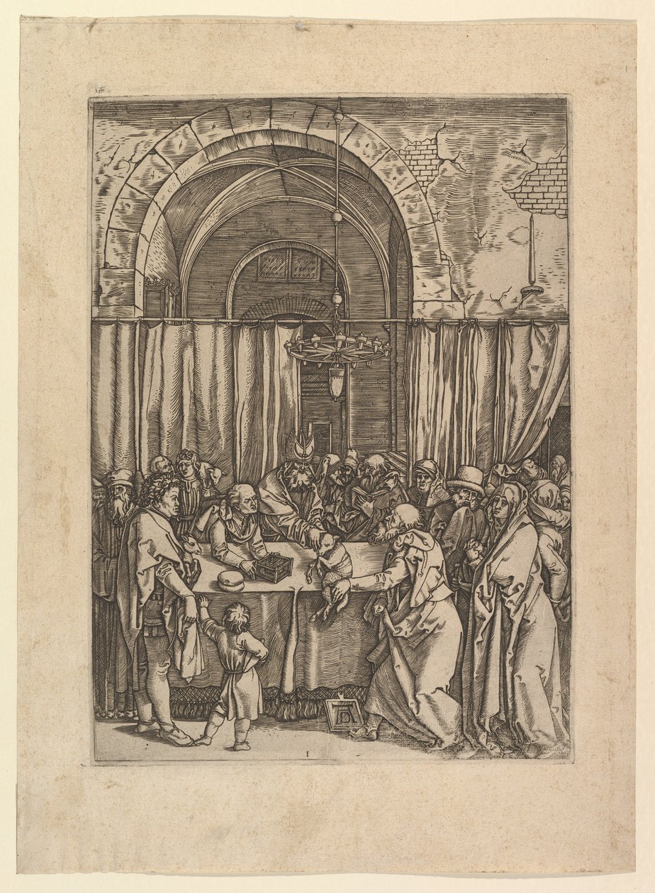 Ypperstepræst afviser offerlam fra Joachim, efter Dürer, ca. 1500-1534. af Marcantonio Raimondi