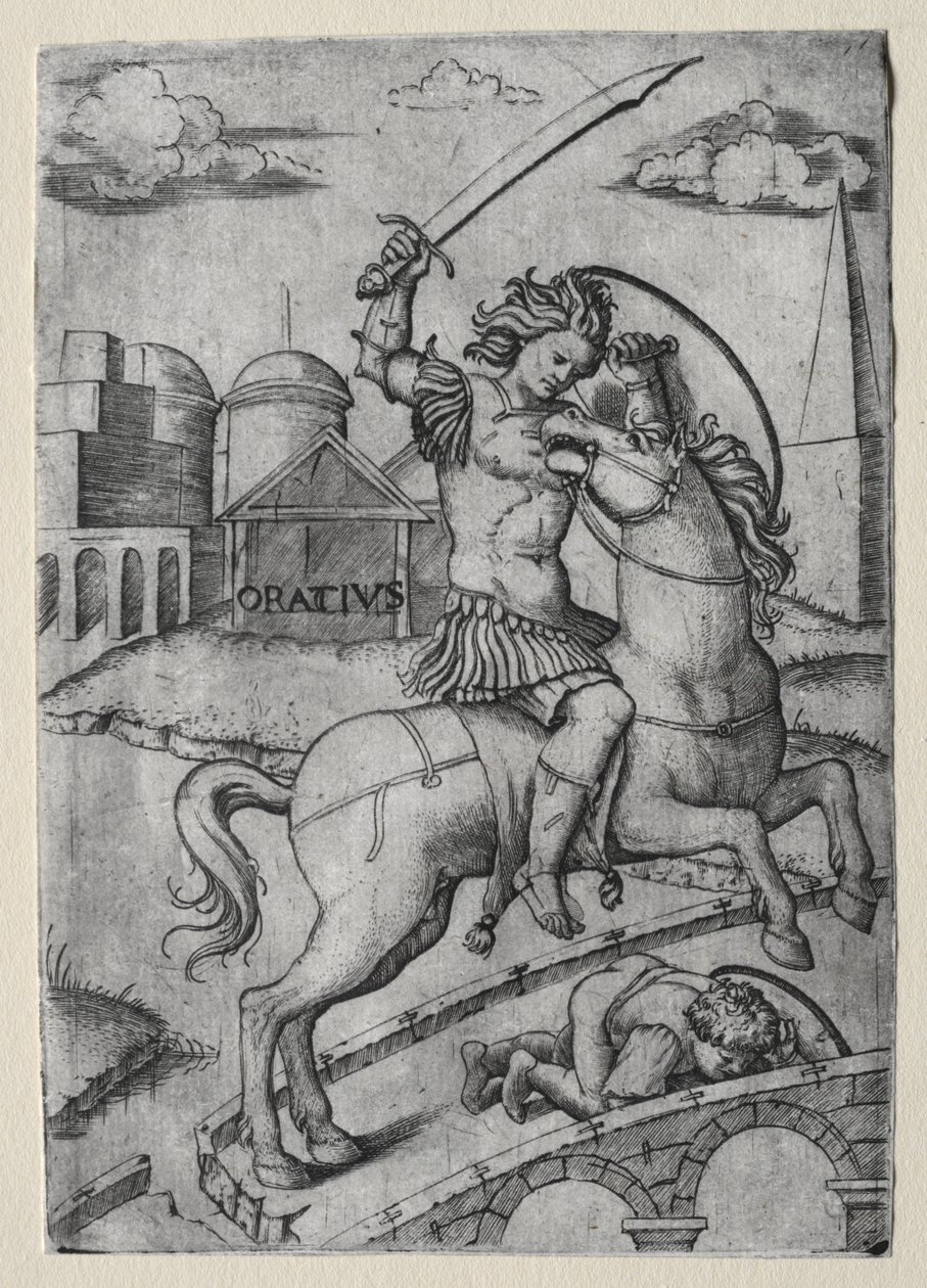 Horatius Cocles forsvarer Sublician Bridge. af Marcantonio Raimondi
