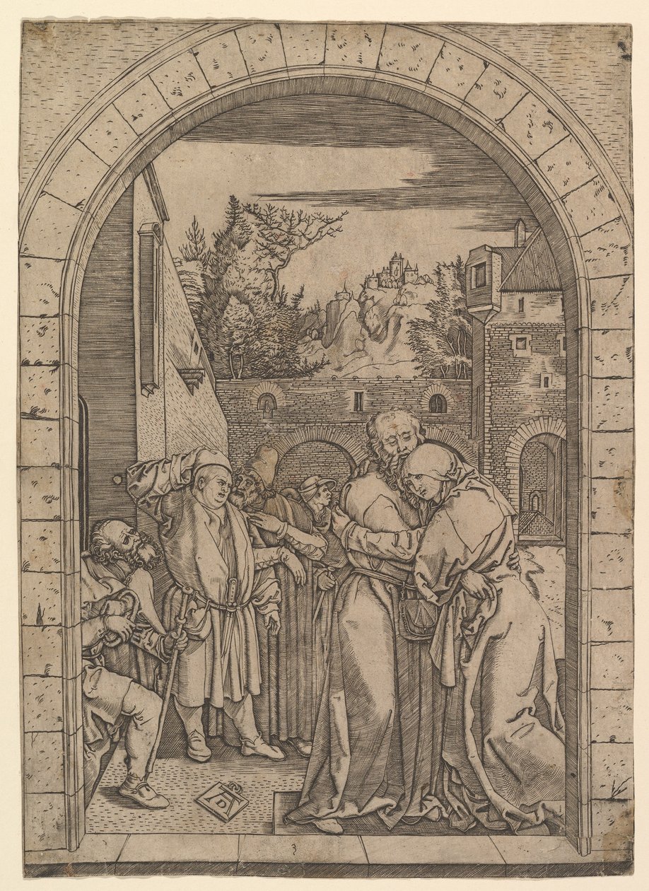 Joachim omfavner Sankt Anne under den gyldne port i Jerusalem, efter Dürer, ca. 1500-1534. af Marcantonio Raimondi
