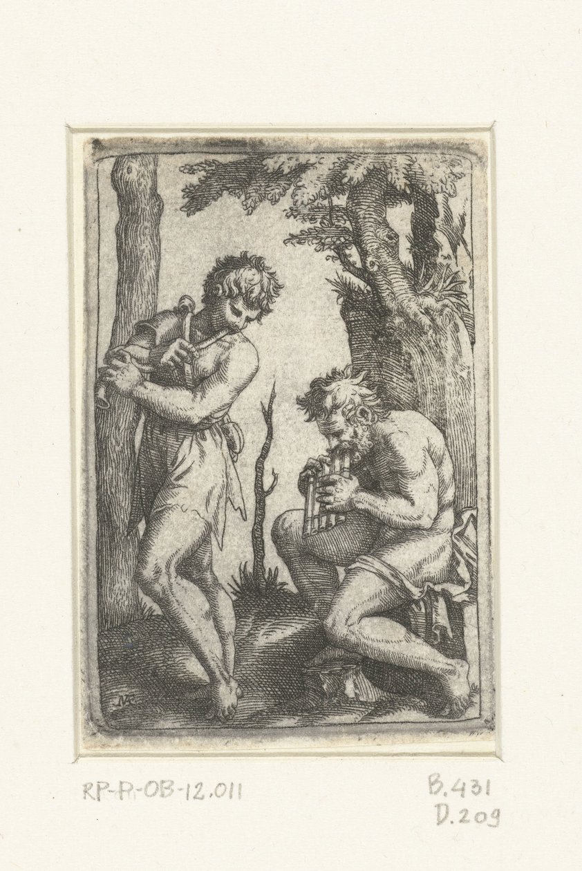 Ung hyrde med shawm og gammel hyrde med panfløjte af Marcantonio Raimondi