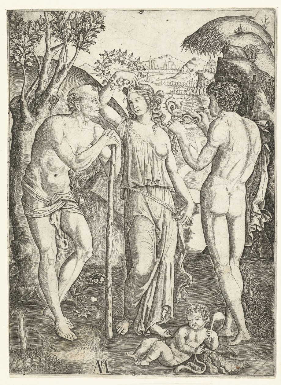 Ung kvinde med krans af blade stående mellem gammel mand lænet på pind og ung mand med drage og barn af Marcantonio Raimondi