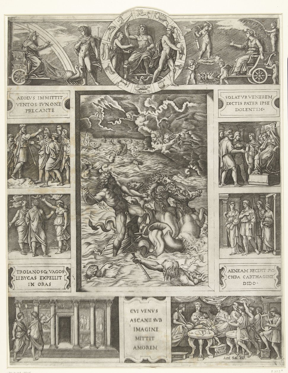 Jupiter dulmer stormen på havet i rektangulær ramme med ni scener fra episke Aeneid af Marcantonio Raimondi