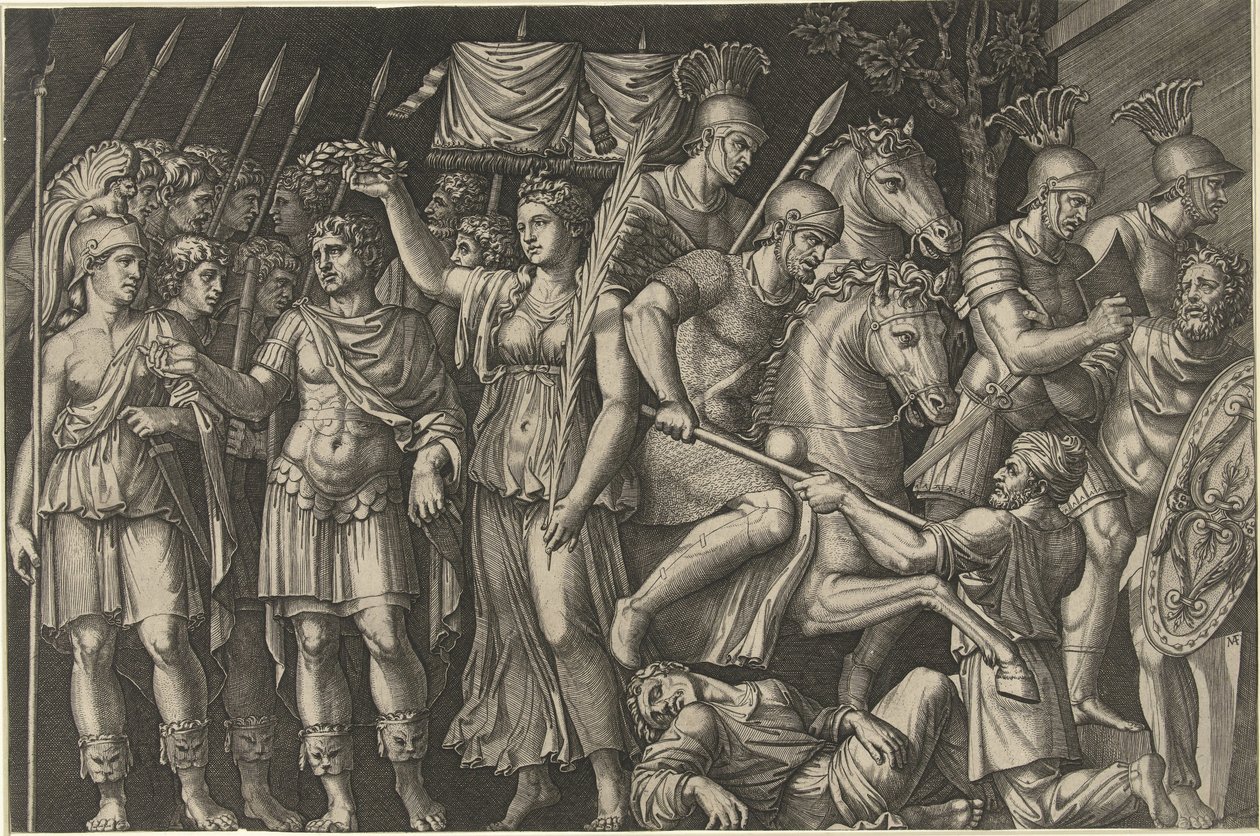 Kejser Trajan, kronet af Victoria, står ved siden af ​​kvindelig personificering af Rom og romerne i kamp med dacierne af Marcantonio Raimondi