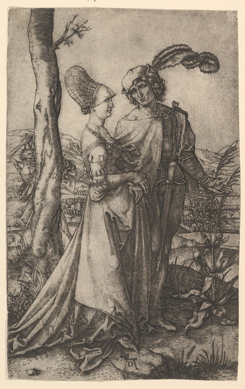 Herre og dame gående med dødsfigur, der gemmer sig bag et træ, holder en time..., ca. 1500-1534. af Marcantonio Raimondi