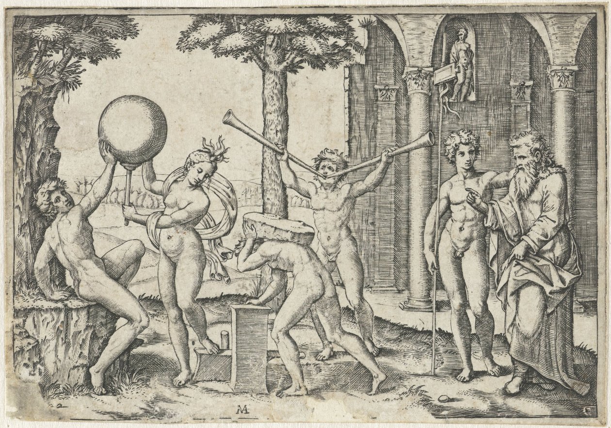 Mand med to trompeter og mand med sten på ryggen flankeret af mand og kvinde med globus og gammel og ung mand af Marcantonio Raimondi
