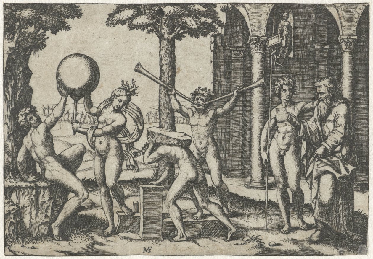 Mand med to trompeter og mand med sten på ryggen flankeret af mand og kvinde med globus og gammel og ung mand af Marcantonio Raimondi