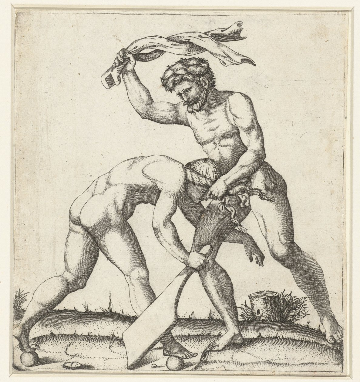 Mand kæmper mod kvinde som personificering af Fortune (Fortuna) af Marcantonio Raimondi