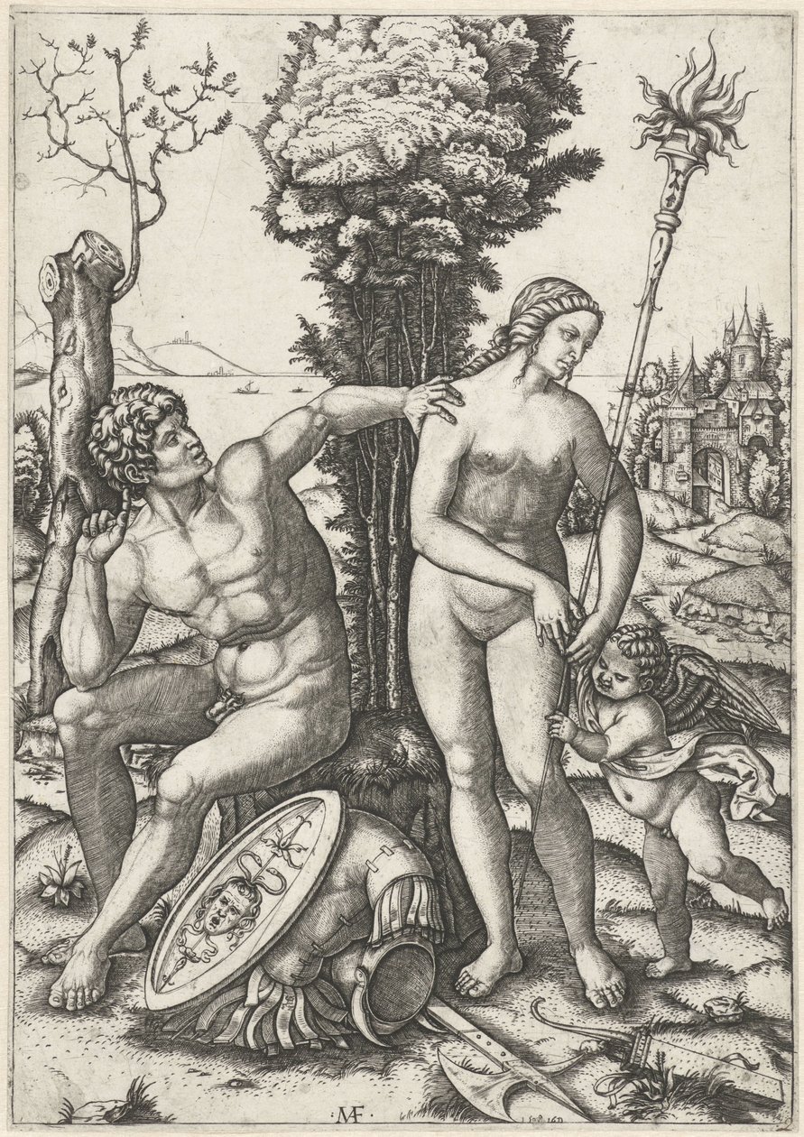 Mars og Venus som et kærligt par med Amor af Marcantonio Raimondi